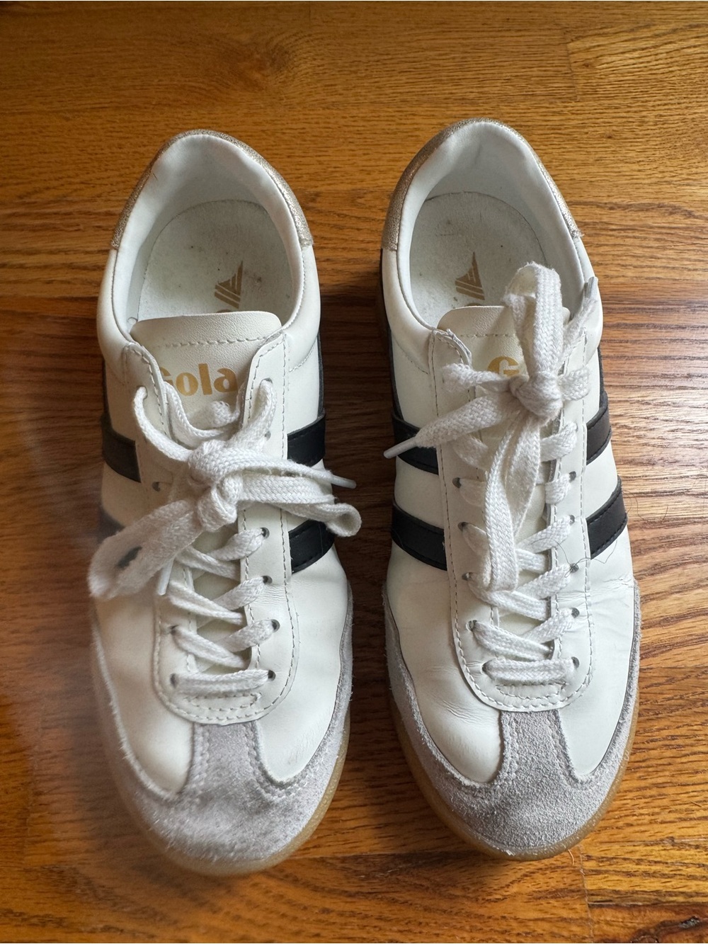 Gola Womens White Sneakers with Black Stripes and Suede Toe